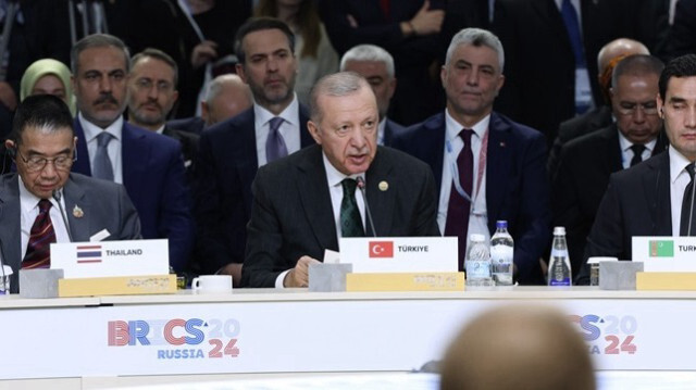 Le Président turc, Recep Tayyip Erdogan prononce un discours lors du 16e sommet des BRICS à Kazan en Russie, le 24 octobre 2024.