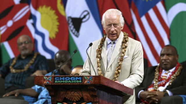 Le roi Charles III de Grande-Bretagne prononce lors de la cérémonie d'ouverture de la réunion des chefs de gouvernement du Commonwealth (CHOGM) à Apia, Samoa, le 25 octobre 2024.