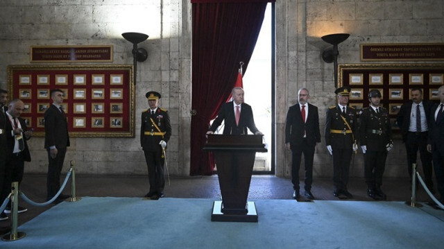 Le Président turc, Recep Tayyip Erdogan prononce un discours lors du 101e anniversaire de la Journée de la République turque à l'Anitkabir à Ankara, en Turkiye, le 29 octobre 2024.