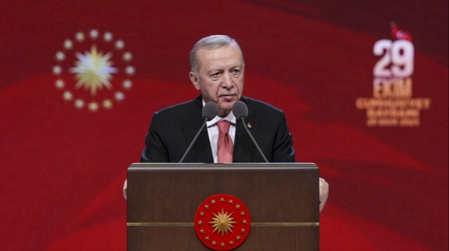 Le Président turc Recep Tayyip Erdogan lors de l'événement spécial du 29 octobre dans le hall d'exposition du complexe présidentiel à Ankara, en Türkiye, le 29 octobre 2024.