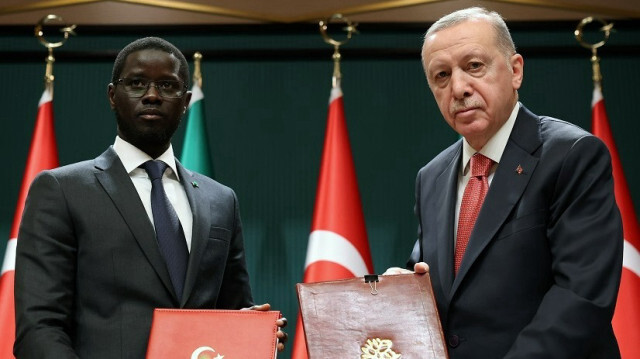 Turkish President Recep Tayyip Erdogan (R) and Senegalese President Bassirou Diomaye Faye (L) attend Signing Ceremony of Agreements at Presidential Complex in Ankara, Türkiye on October 31, 2024.