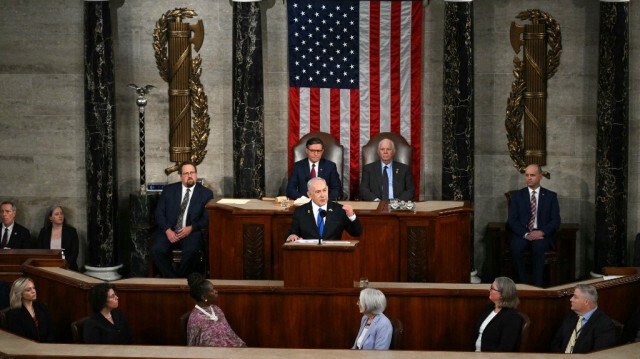 Le Premier ministre israélien Benyamin Netanyahu prononce un discours lors d'une réunion conjointe du Congrès au Capitole, le 24 juillet 2024, à Washington, DC.