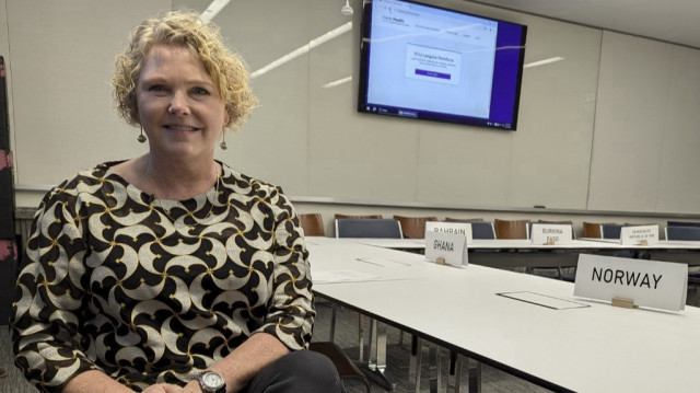 La ministre norvégienne du Développement international, Anne Beathe Tvinnereim, dans le bâtiment des sciences de la santé de l'Université de New York, le 25 septembre 2024.