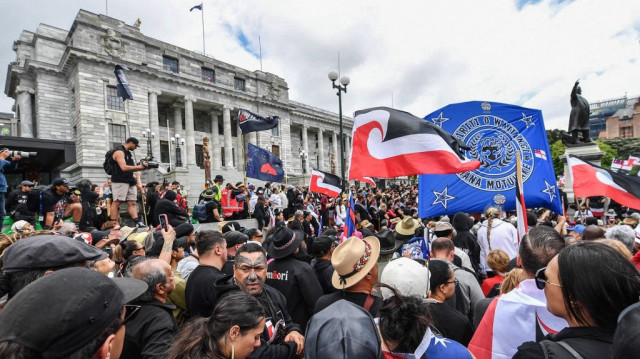 Des membres de la communauté maorie et leurs sympathisants participent à une manifestation devant le parlement à Wellington, le 19 novembre 2024. 