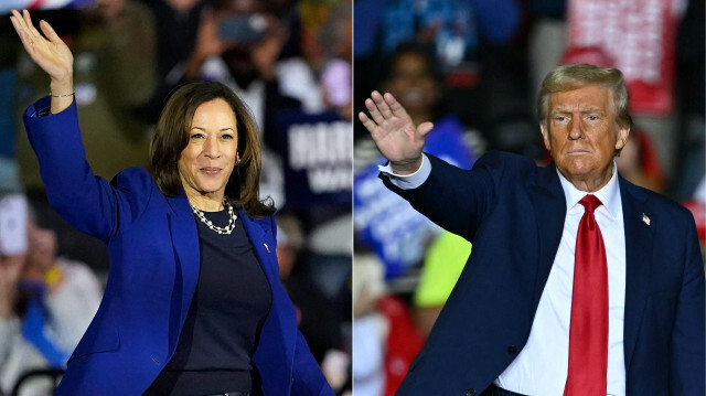 La vice-présidente des États-Unis et candidate démocrate à l'élection présidentielle, Kamala Harris (G), monte sur scène lors d'un meeting de campagne au Reno Expo Center à Reno, Nevada, le 31 octobre 2024, et l'ancien président des États-Unis et candidat républicain à l'élection présidentielle, Donald Trump (D), salue le public après avoir pris la parole lors d'un meeting de campagne au PPL Center à Allentown, Pennsylvanie, le 29 octobre 2024.