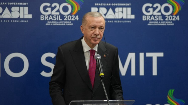 Le Président turc, Recep Tayyip Erdogan, lors d'une conférence de presse après sa participation au sommet des dirigeants du G20 à Rio de Janeiro au Brésil, le 19 novembre 2024.