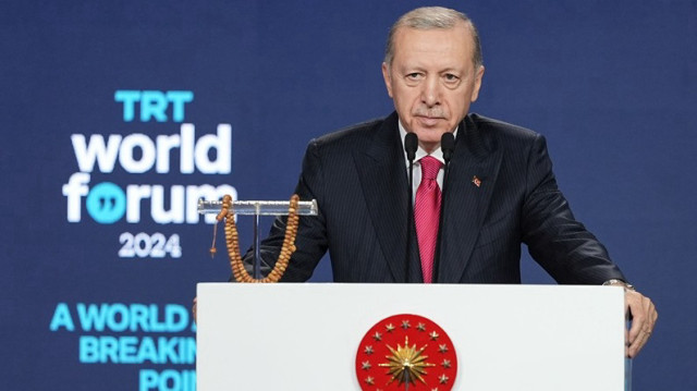 Le Président turc, Recep Tayyip Erdogan, a prononcé un discours lors du TRT World Forum, au Centre des congrès d'Istanbul, en Türkiye, le 29 novembre 2024.