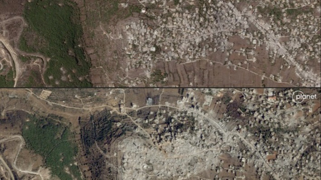 Une combinaison d'images satellite montre le village d'Aita Al-Shaab au sud du Liban avant (26 septembre 2024) et après (24 octobre 2024) un bombardement israélien intensif, avec des affrontements violents signalés dans la région.