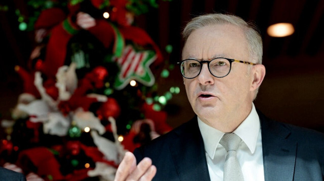 Le Premier ministre australien Anthony Albanese s'entretient avec l'arbre à souhaits au Parlement de Canberra, le 6 novembre 2024.