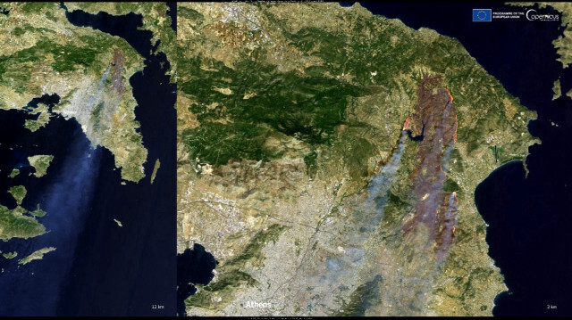 Une image satellite montrant un incendie de forêt à quelques kilomètres du centre d'Athènes, acquise le 12 août 2024.