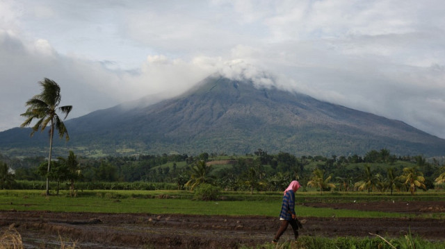 Le volcan Kanlaon est vu au-delà des terres agricoles d'un village de la ville de La Castellana, dans la province de Negros Occidental, le 10 décembre 2024, un jour après son éruption.