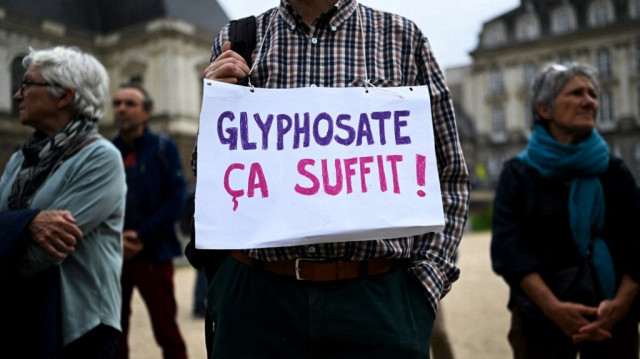 Un homme tient une pancarte portant la mention en français "Glyphosate, ça suffit !" à Rennes, le 12 octobre 2023.