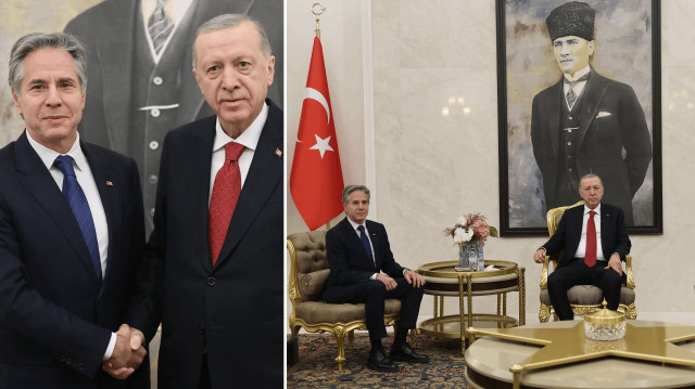 Cumhurbaşkanı Recep Tayyip Erdoğan, ABD Dışişleri Bakanı Antony Blinken'ı Cumhurbaşkanlığı Külliyesi'nde kabul etti.