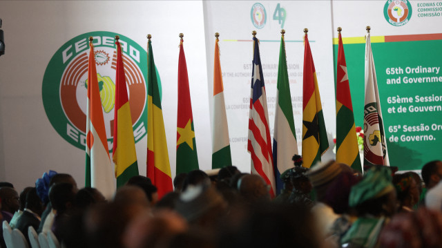 Cette photographie montre les drapeaux des pays de la Communauté économique des États de l'Afrique de l'Ouest (CEDEAO) à la villa présidentielle nigériane, lors de la 65e session ordinaire des chefs d'État et de gouvernement de la CEDEAO à Abuja, le 7 juillet 2024.