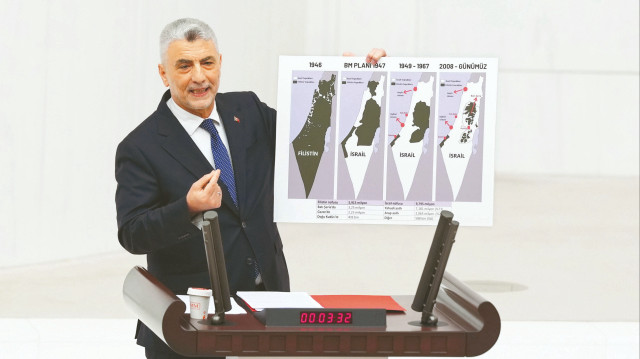 Ticaret Bakanı Ömer Bolat, Meclis'teki bütçe görüşmeleri sırasında yaptığı konuşmada İsrail'in yıllar içinde Filistin'i nasıl adım adım işgal ettiğini haritayla gösterdi.
