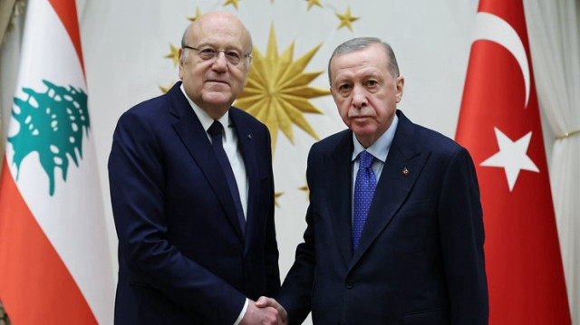 Le Président turc, Recep Tayyip Erdogan (D) et le Premier ministre libanais, Najib Mikati (G) dans le complexe présidentiel d'Ankara en Turquie, le 18 décembre 2024.