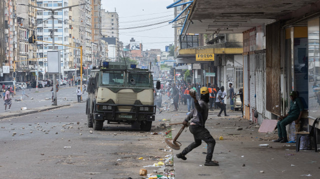 Un manifestant lance une pierre en direction d'un véhicule blindé lors d'un affrontement avec la police anti-émeute mozambicaine à Maputo le 27 novembre 2024. 