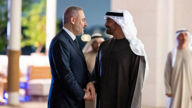 President of the UAE Mohamed bin Zayed Al Nahyan (R) receives Turkish Foreign Minister Hakan Fidan (L) in Abu Dhabi, the capital of the United Arab Emirates (UAE) on December 24, 2024.