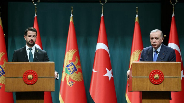 Le Président turc, Recep Tayyip Erdogan (D) et le Président du Monténégro, Jakov Milatovic (G) lors d'une conférence de presse au complexe présidentiel d'Ankara, en Türkiye, le 02 décembre 2024.