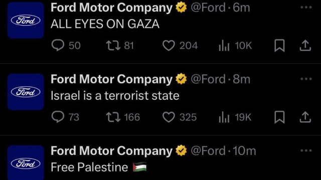 Capture d'écran des publications apparaisant sur le compte X de Ford après son piratage par des pro-Palestiniens, le 31 décembre 2024.