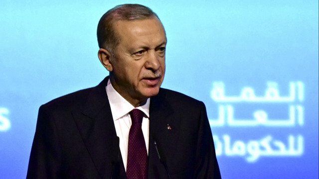 Le président Recep Tayyip Erdogan, lors de son allocuation au Sommet mondial des Gouvernements de Dubaï, le 13 février 2024.