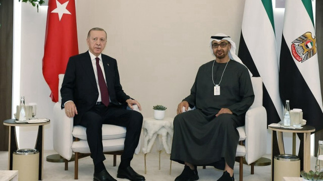 Turkish President Recep Tayyip Erdogan (L) meets with United Arab Emirates Sheikh Mohamed bin Zayed Al Nahyan (R) in Dubai, United Arab Emirates on February 13, 2024.