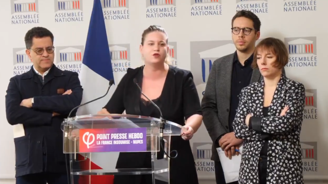La présidente du groupe LFI à l'Assemblée Nationale de France, Mathilde Panot, lors d'un point presse à Paris, le 13 février 2024.