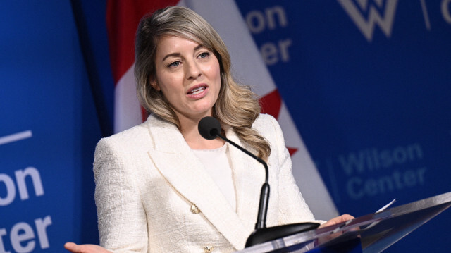 La ministre canadienne des Affaires étrangères, Mélanie Joly, parlant de la diplomatie des otages au Wilson Center à Washington, DC, le 13 février 2024.