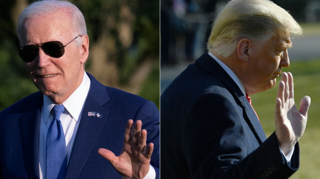 Le président américain Joe Biden salue les médias depuis la pelouse sud de la Maison Blanche à Washington, DC, le 1er juin 2023 et le président américain Donald Trump salue les médias à l'extérieur de la Maison Blanche le 12 janvier 2021 à Washington, DC.