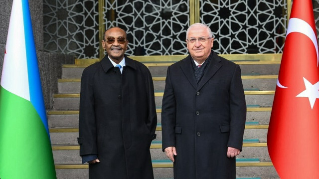 Djibouti National Defense Minister Hassan Omar Mohamed (L) is welcomed by Turkish Defense Minister Yasar Guler (R) with an official ceremony in Ankara, Türkiye on February 19, 2024.