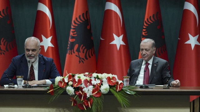 Turkish President Recep Tayyip Erdogan (R) holds a joint press conference with Albanian Prime Minister Edi Rama (L) at the Presidential Complex in Ankara, Türkiye on February 20, 2024.