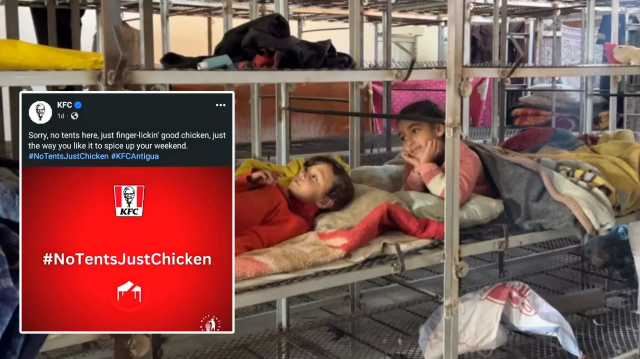 KFC tavuk kümeslerinde yaşamak zorunda kalan Gazzelilerle alay ederek son reklamında #NoTentsJustChicken (Çadır yok sadece tavuk) etiketini kullandı.
