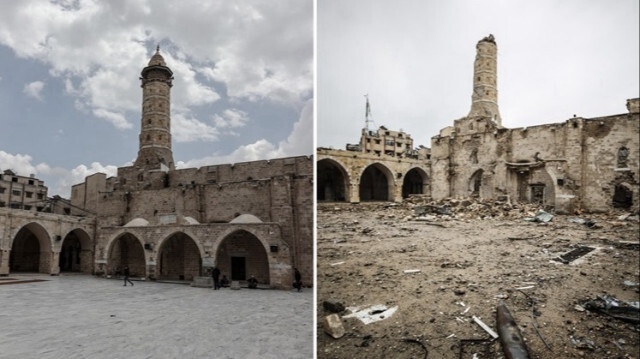 Les photos de la Grande Mosquée d'Omar, avant et après les attaques israéliennes dans la ville de Gaza.