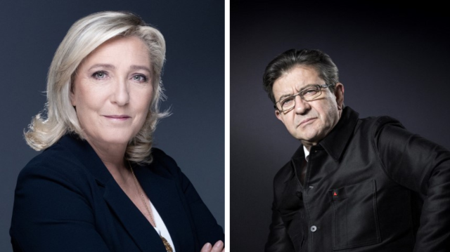 La cheffe de file des députés RN, Marine Le Pen et le leader de la France insoumise (LFI), Jean-Luc Mélenchon.