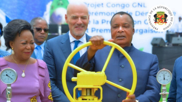 Le président de la République du Congo (Brazzaville), Denis Sassou-Nguesso, lors de la cérémonie de lancement de la production de gaz naturel liquéfié, le 27 février 2024, près de Pointe-Noire dans le sud du pays.