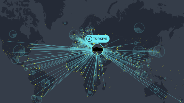 Carte montrant l'étendue du réseau diplomatique turc à l'international.