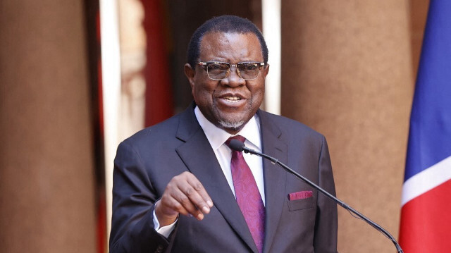 Le président namibien Hage Geingob s'exprime lors d'une conférence de presse au cours de sa visite d'État en Afrique du Sud à l'Union Buildings à Pretoria, le 20 avril 2023.