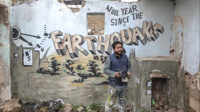 بالغرافيتي.. فنان سوري يتضامن مع منكوبي زلزال 6 فبراير
