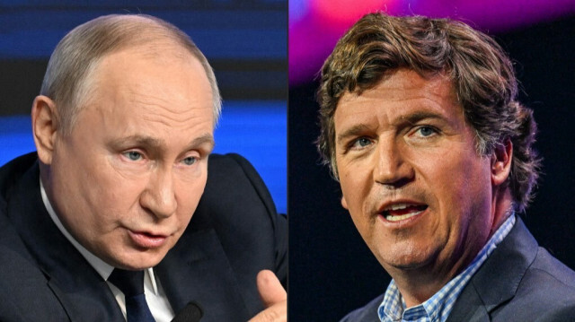 Le président de la fédération de Russie, Vladimir Poutine et le présentateur américain, Tucker Carlson.