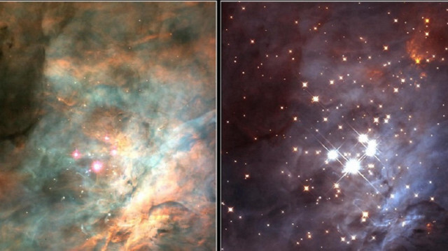 Détail de l'amas du Trapèze, dans la Nébuleuse d'Orion, à environ 1 500 années-lumière de la Terre. 