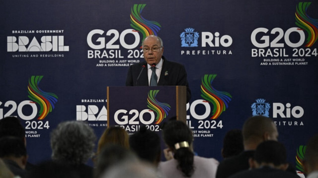 Le ministre brésilien des Affaires étrangères, Mauro Vieira, lors de la conférence de presse à l'issue de la réunion des ministres des Affaires étrangères du G20 à Rio de Janeiro, Brésil, le 22 février 2024.