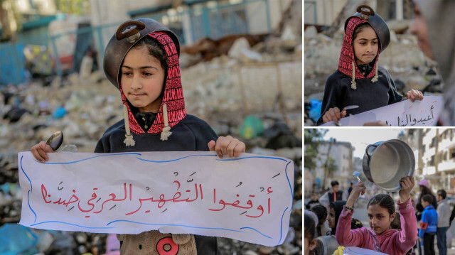 <p>Saldırıların durdurulmasını talep eden çocuklar " çocuklar açlık yüzünden ölüyor" " soykırımı durdurun" ve " yeter, yardım edin" yazılı dövizler ve boş tabaklar taşıdı.</p>