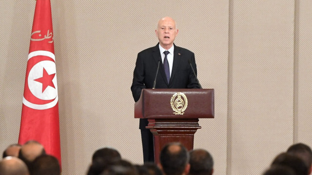 Le président tunisien Kaïs Saïed tenant un discours au Palais de Carthage, près de la capitale, Tunis, en marge des célébrations du 67e anniversaire de la création des forces de sécurité intérieure.