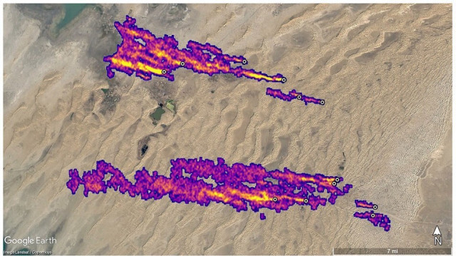 Image satellitaire montrant des panaches de méthane s'étendant sur plus de 32 kilomètres détectés à l'est de Hazar, au Turkménistan, le 25 octobre 2022.