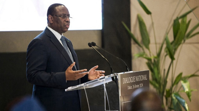 Le Président Macky Sall délivre un discours lors d'un dialoque national à Diamniadio au Sénégal, le 26 février 2024.