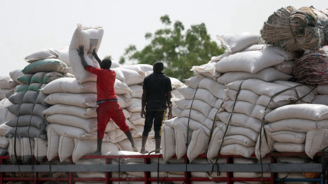 Des sacs de maïs sont déchargés d'un camion sur le marché de Jibia, ville nigériane frontalière avec le Niger, le 18 février 2024.