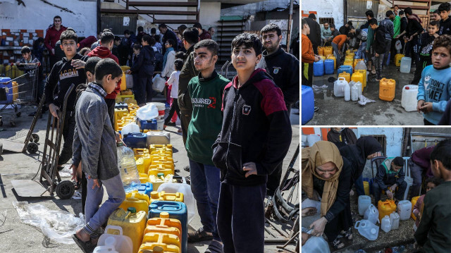 <p>Gazze'nin Refah kentine sığınan Filistinliler, Ebrar Camii sebilinden dağıtılan temiz sudan alabilmek için sıraya girdi. </p>
