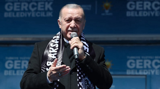 Le Président turc, Recep Tayyip Erdogan, lors d'un meeting électoral de son parti (AK parti) à Aksaray en Turkiye, le 26 mars 2024.