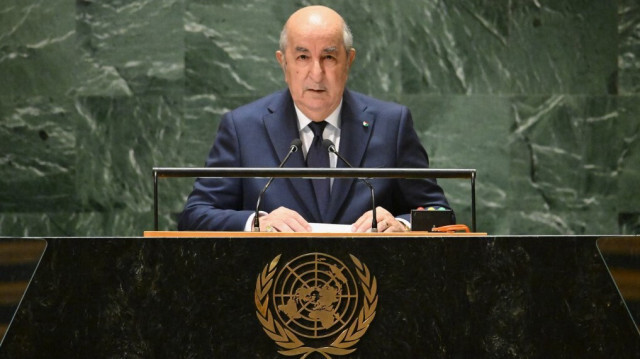 Le président algérien Abdelmadjid Tebboune s'adressant à la 78e Assemblée générale des Nations unies au siège de l'ONU à New York, le 19 septembre 2023.