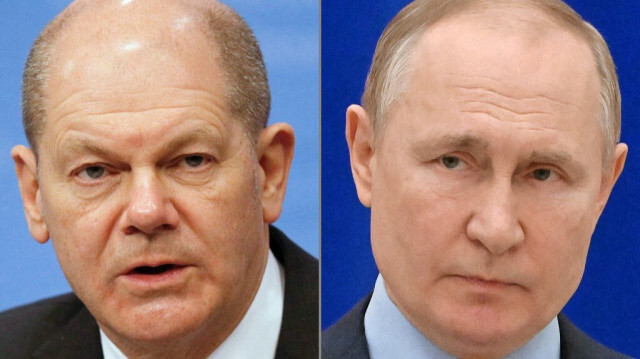 Le chancelier fédéral d'Allemagne, Olaf Scholz et le président de la fédération de Russie, Vladimir Poutine.